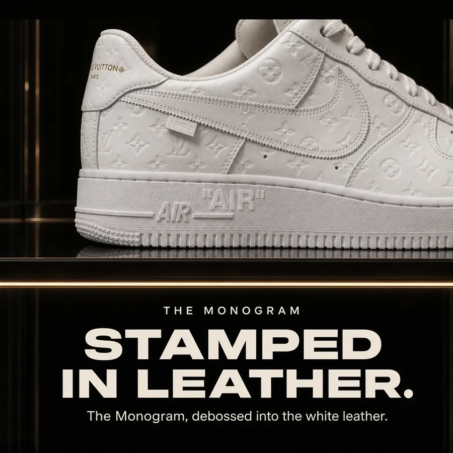 The Monogram, stamped in leather: debossed into the white leather of the Triple White pair.