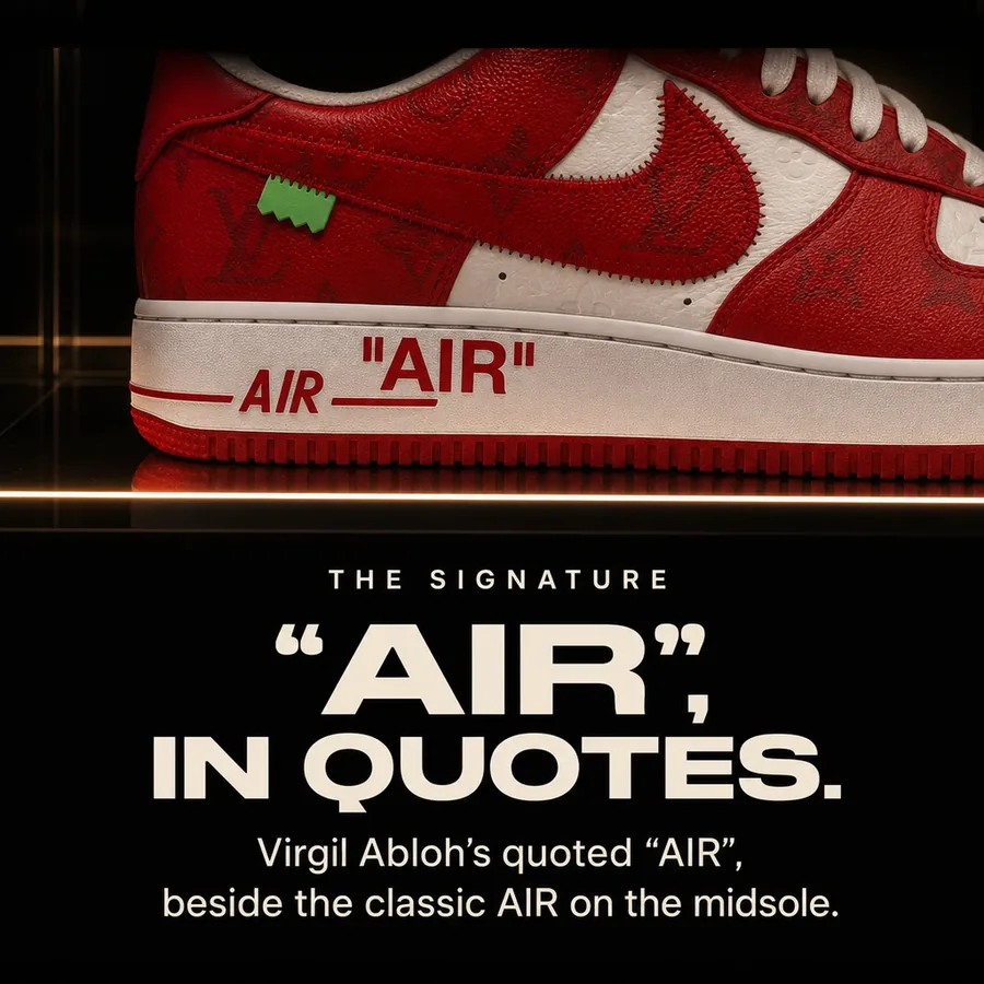 The signature: Virgil Abloh’s quoted AIR, beside the classic AIR on the midsole.