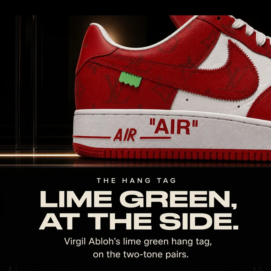 The hang tag: Virgil Abloh’s lime green tag at the side of the two-tone pairs.