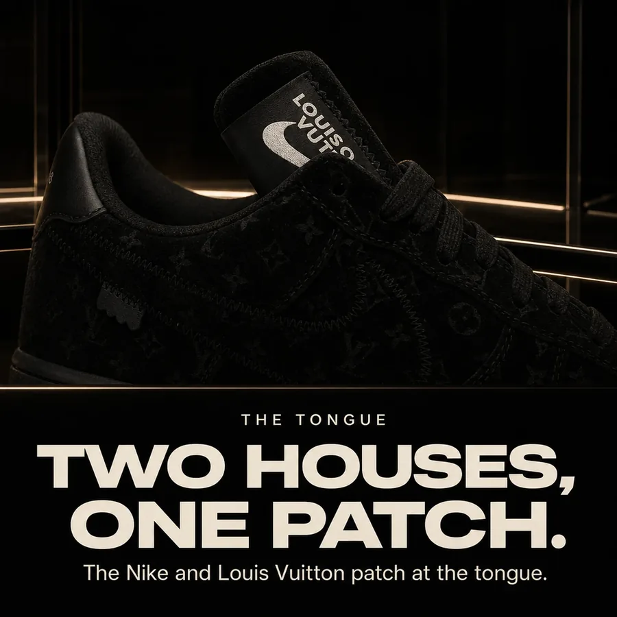 The tongue: two houses, one patch. The Nike and Louis Vuitton patch at the tongue.