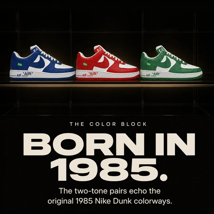 The color block, born in 1985: the two-tone pairs echo the original Nike Dunk colorways.