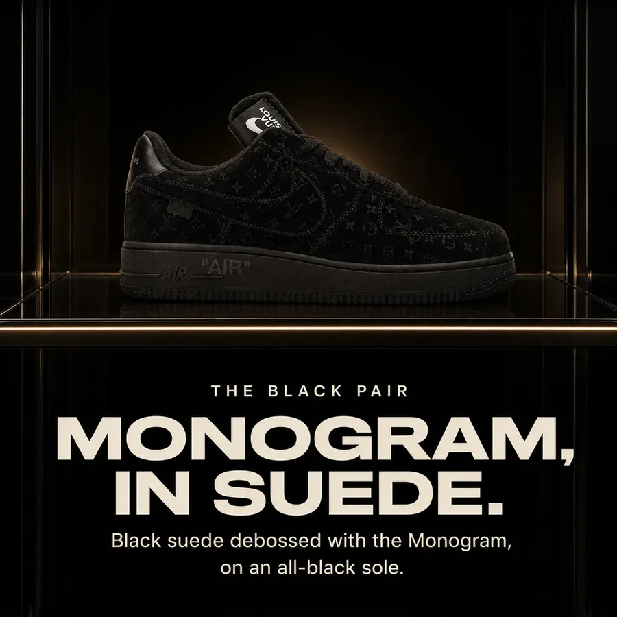 The Black pair: black suede debossed with the Monogram, on an all-black sole.