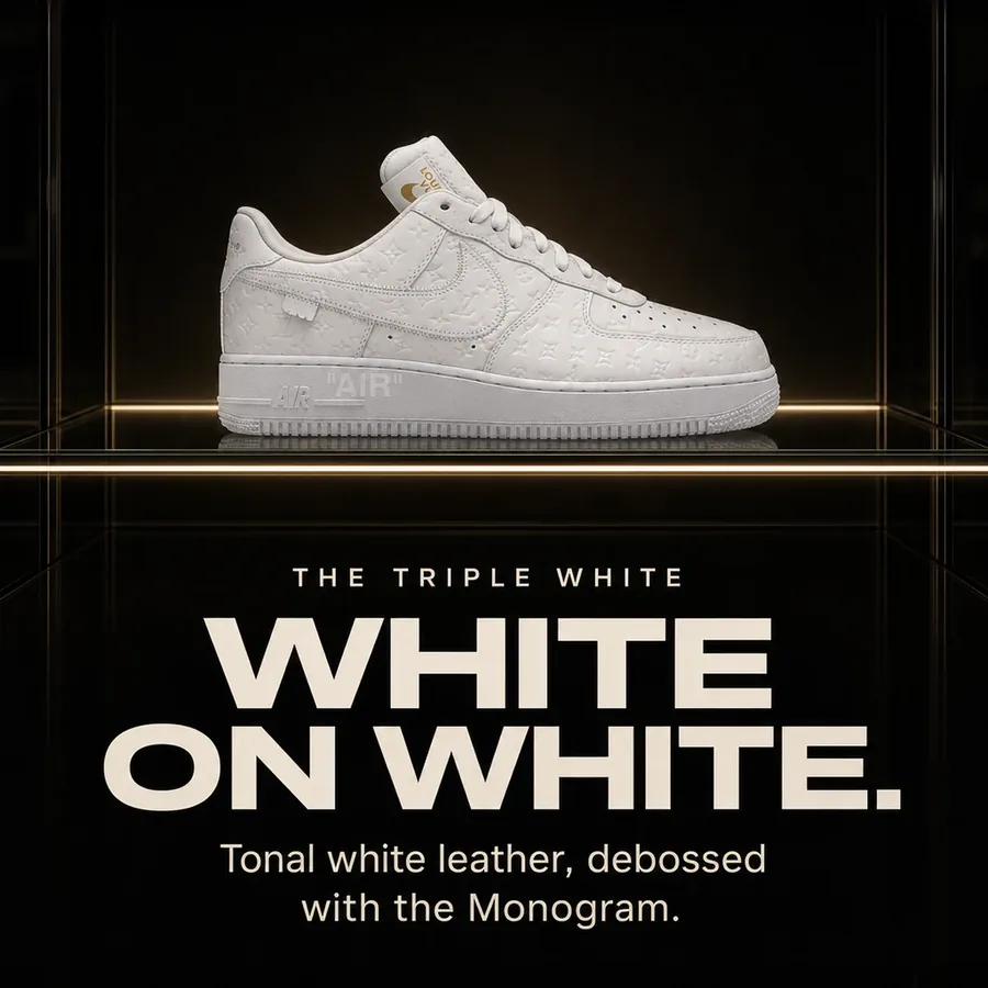 The Triple White: white on white, tonal leather debossed with the Monogram.
