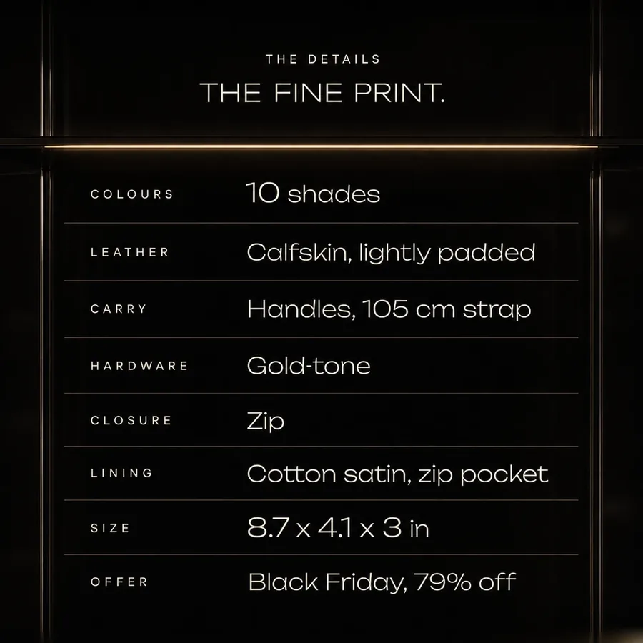 The fine print: lightly padded calfskin, 105 cm strap, gold-tone zip, cotton satin lining, 10 colours. Black Friday, 79% off.