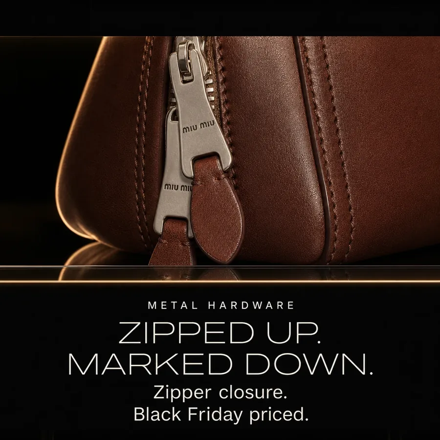 Zipped up, marked down: a zipper closure and metal hardware. Black Friday priced.
