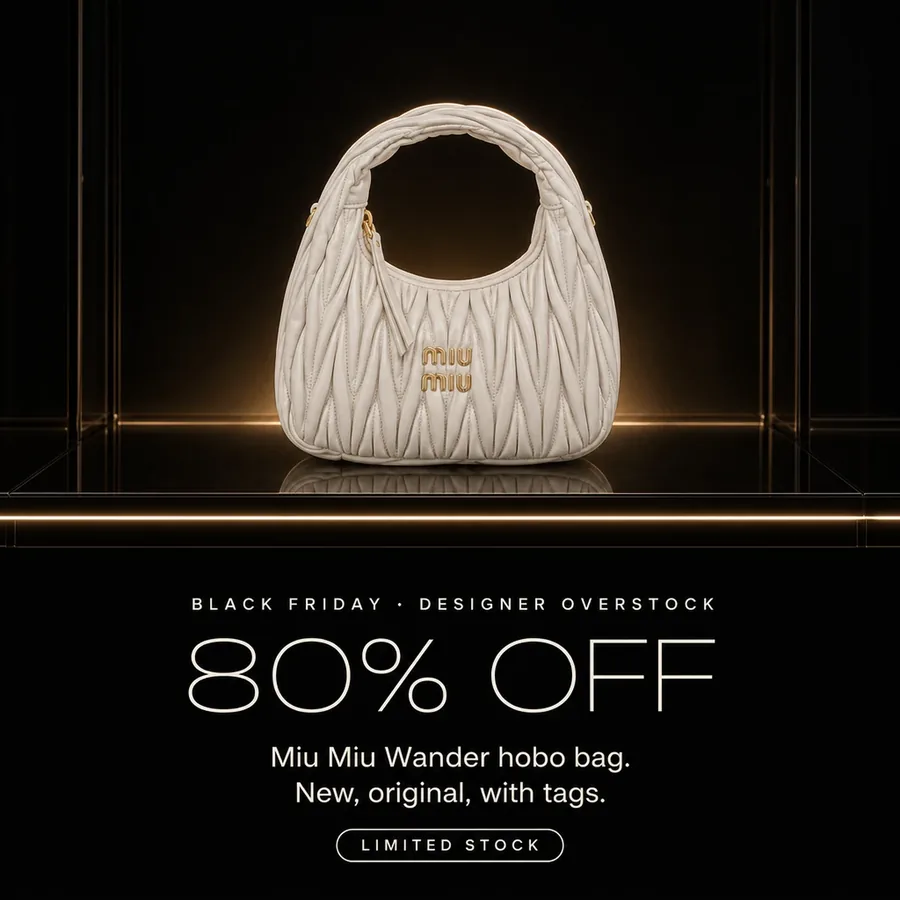 Black Friday, designer overstock: 80% off the Miu Miu Wander hobo bag, new, original, with tags. Limited stock.