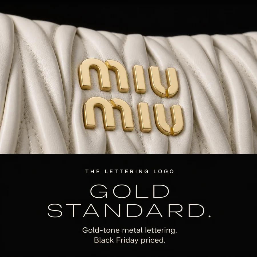Gold standard: the gold-tone metal lettering logo on the front. Black Friday priced.