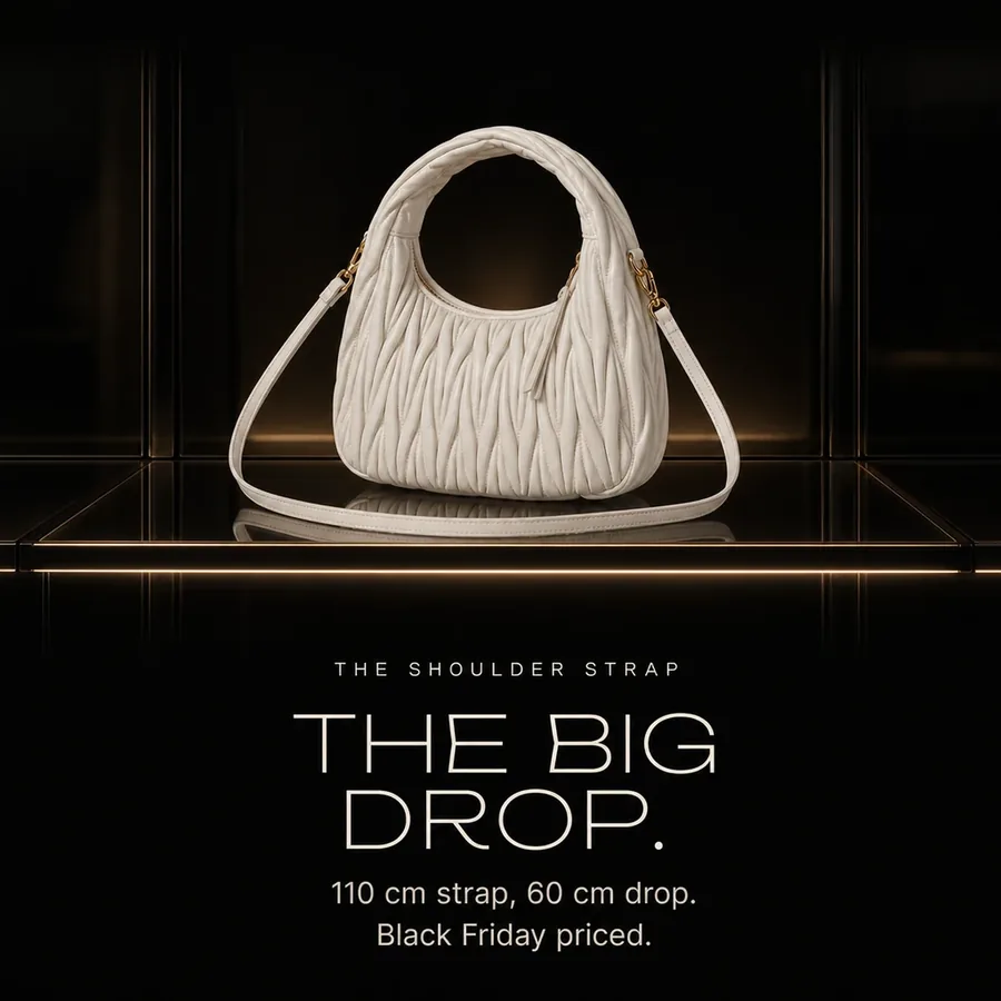 The big drop: a 110 cm leather shoulder strap with a 60 cm drop. Black Friday priced.