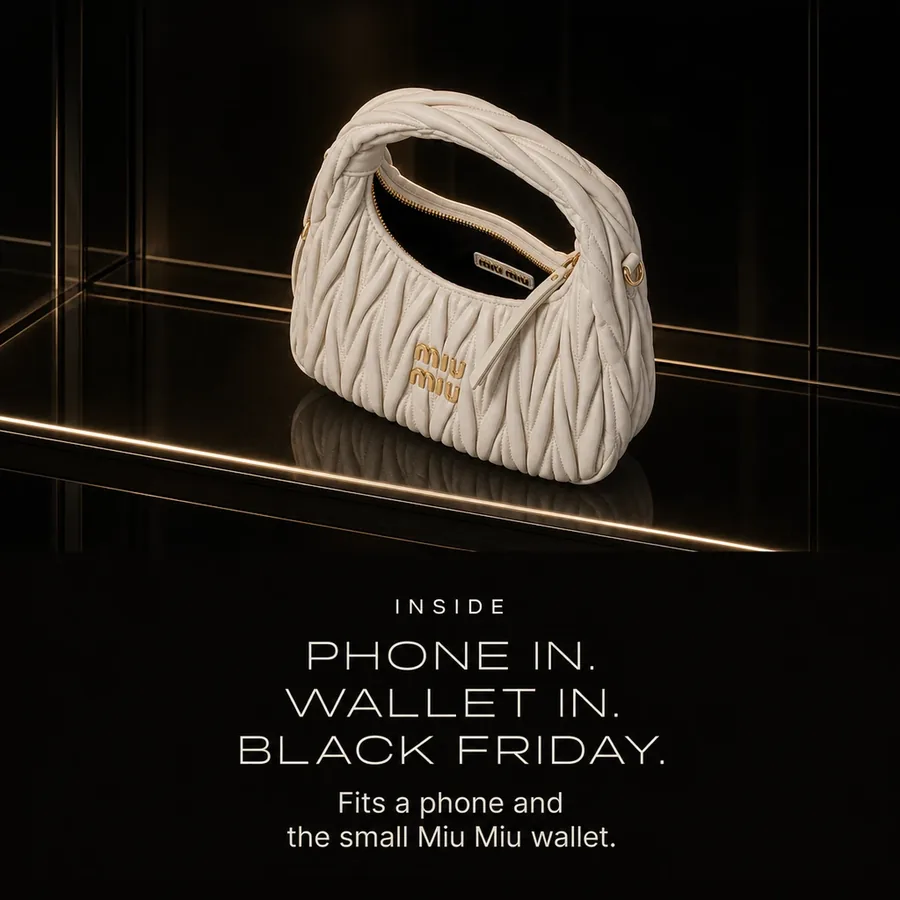 Phone in, wallet in, Black Friday: fits a phone and the small Miu Miu wallet. Cotton satin lining.