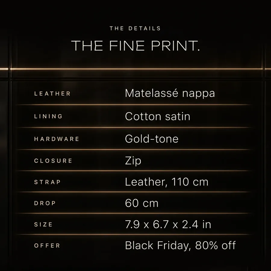 The fine print: Miu Miu Wander, matelassé nappa, cotton satin lining, gold-tone hardware, zip. Black Friday, 80% off.