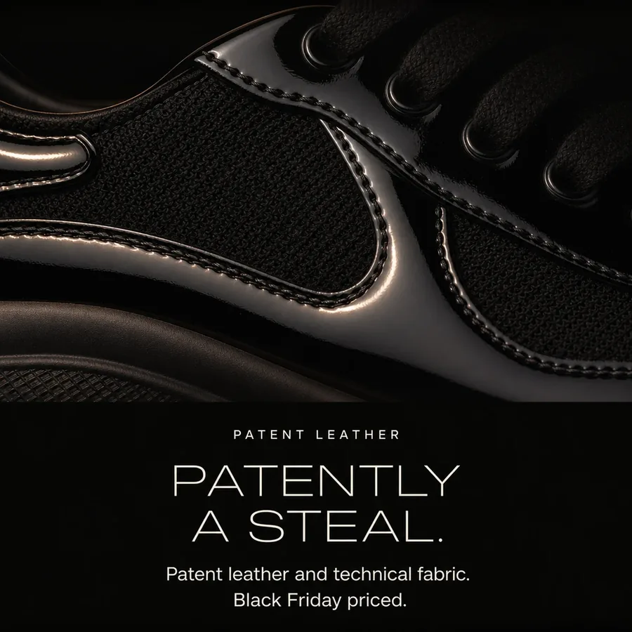 Patently a steal: an upper in patent leather and technical fabric. Black Friday priced.