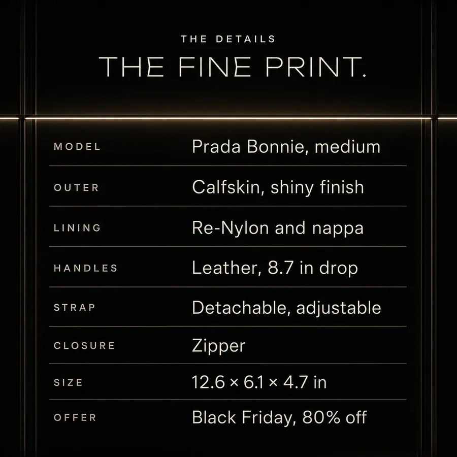 The fine print: Prada Bonnie medium in calfskin, leather handles, detachable strap, zipper. Black Friday, 80% off.