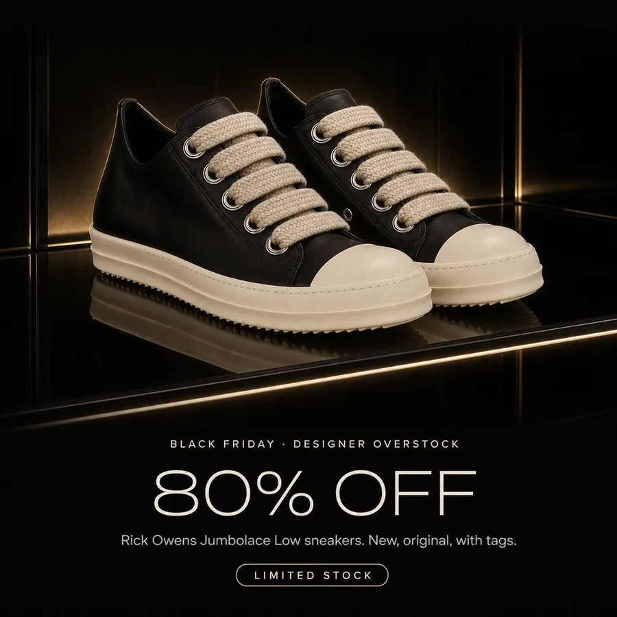 Black Friday, designer overstock: 80% off the Rick Owens Jumbolace Low sneakers, new, original, with tags. Limited stock.