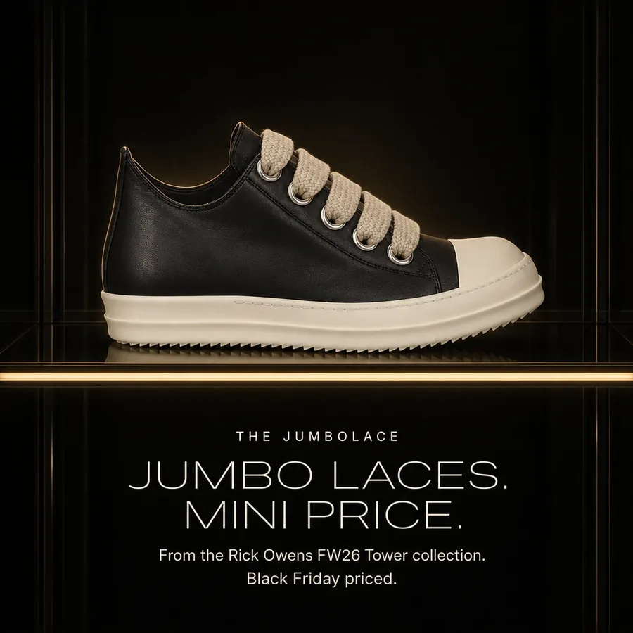 Jumbo laces, mini price: the Rick Owens Jumbolace Low from the FW26 Tower collection, Black Friday priced.