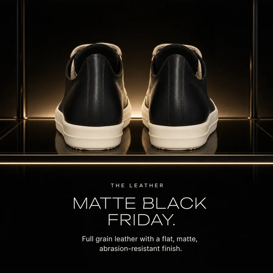 Matte black Friday: full grain leather with a flat, matte, abrasion-resistant finish.