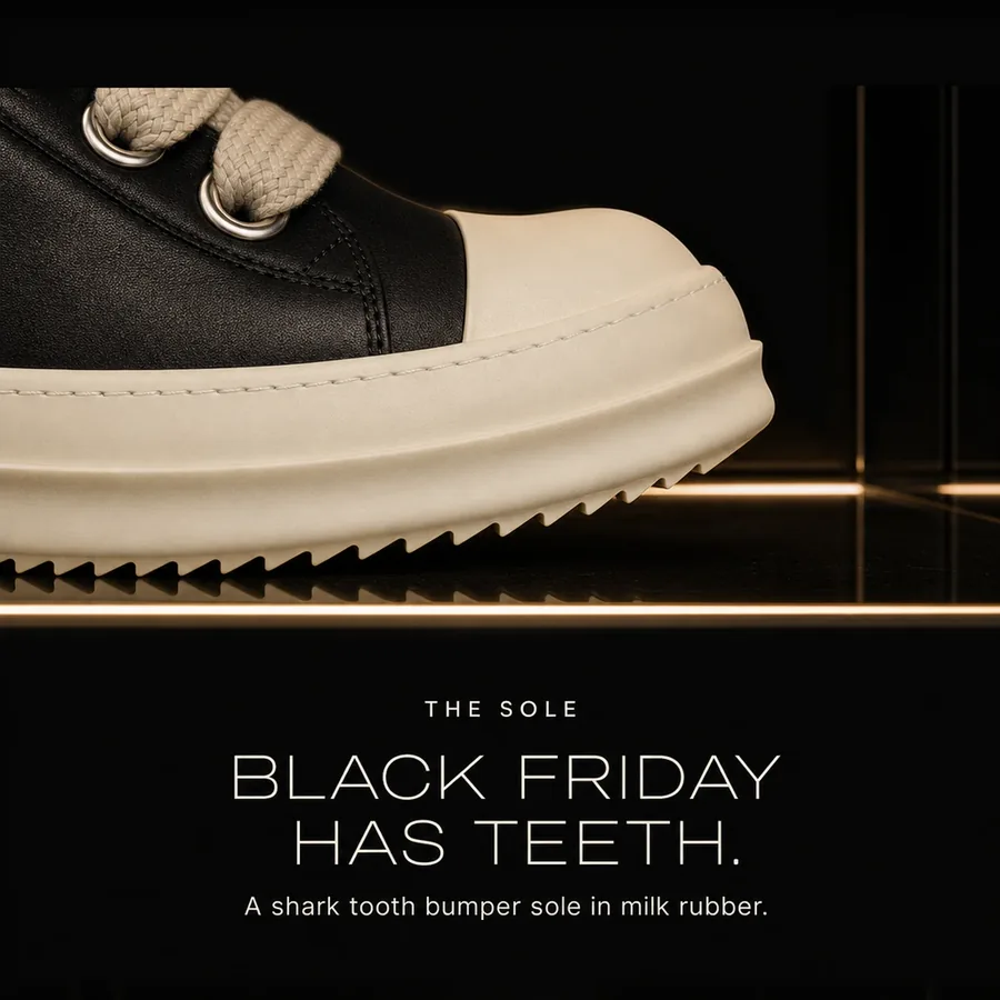 Black Friday has teeth: a shark tooth bumper sole in milk rubber.
