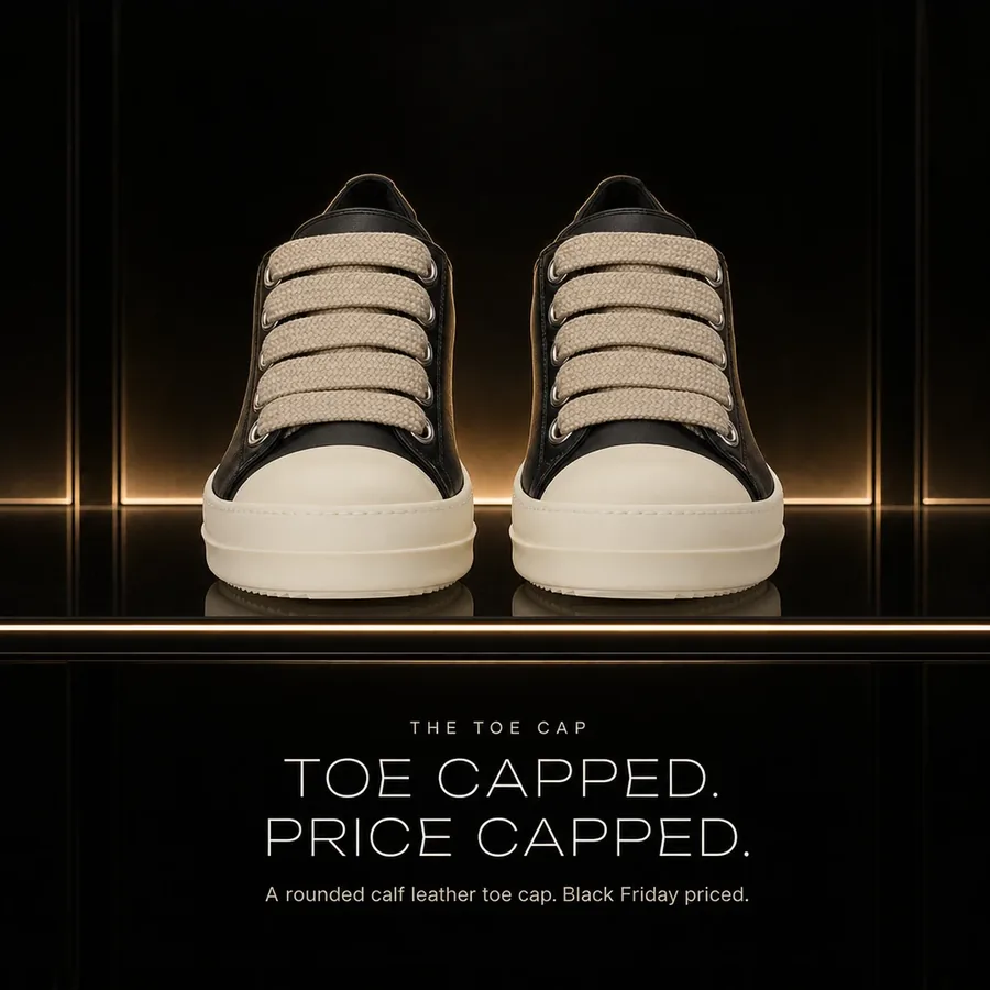 Toe capped, price capped: a rounded calf leather toe cap on the Rick Owens Jumbolace Low. Black Friday priced.