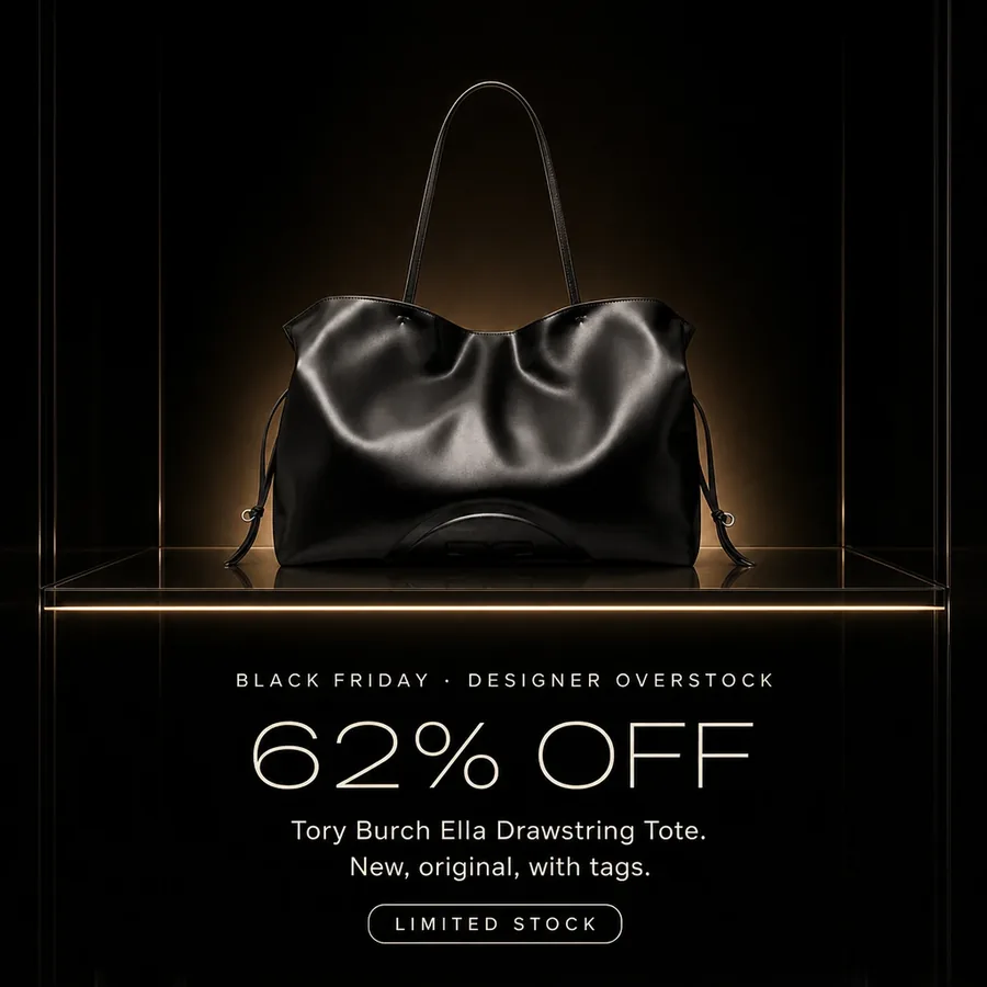 Black Friday, designer overstock: 62% off the Tory Burch Ella Drawstring Tote, new, original, with tags. Limited stock.