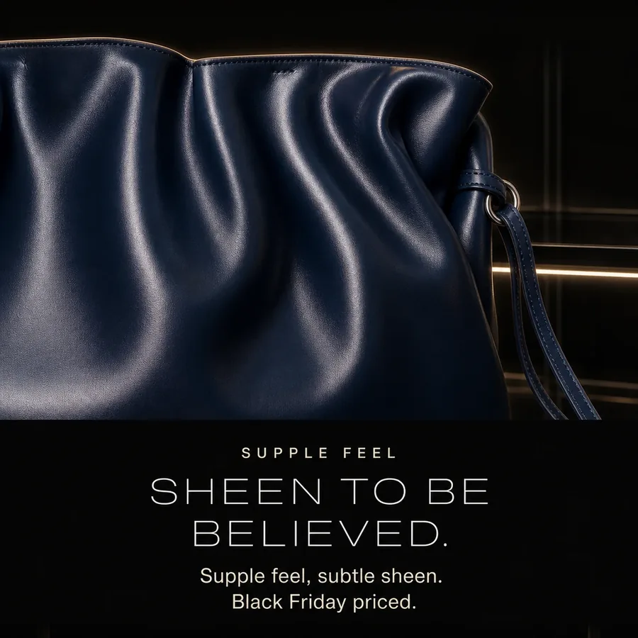 Sheen to be believed: the supple feel and subtle sheen of the Ella Drawstring Tote in New Navy, Black Friday priced.