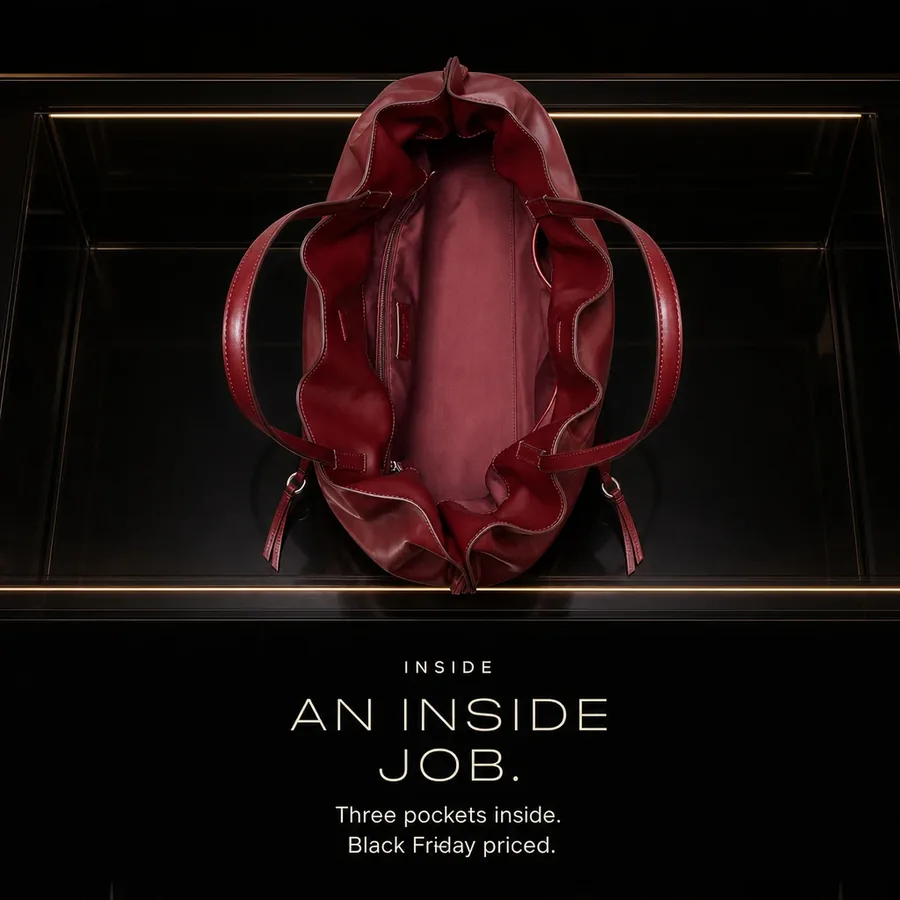 An inside job: the Ella Drawstring Tote open, with two slit pockets and a zip pocket inside, Black Friday priced.