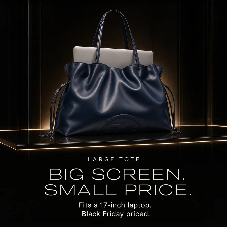 Big screen, small price: the Ella Drawstring Tote in New Navy fits a laptop up to 17 inches, Black Friday priced.