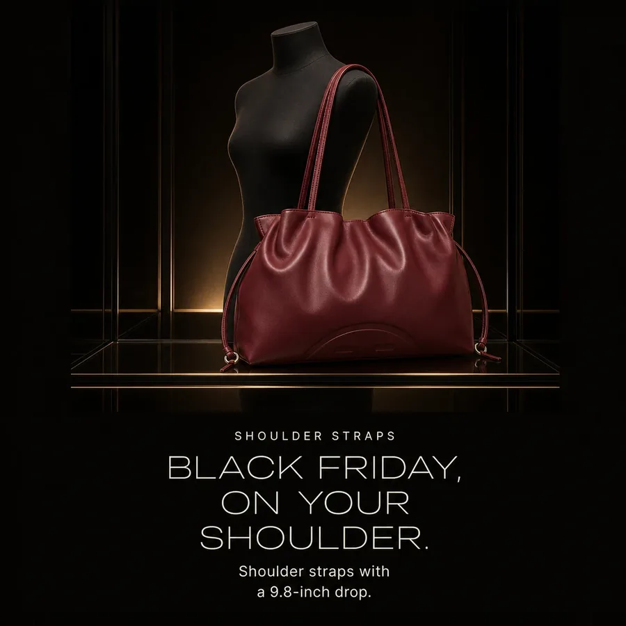 Black Friday, on your shoulder: the Ella Drawstring Tote in Merlot, with shoulder straps with a 9.8-inch drop.