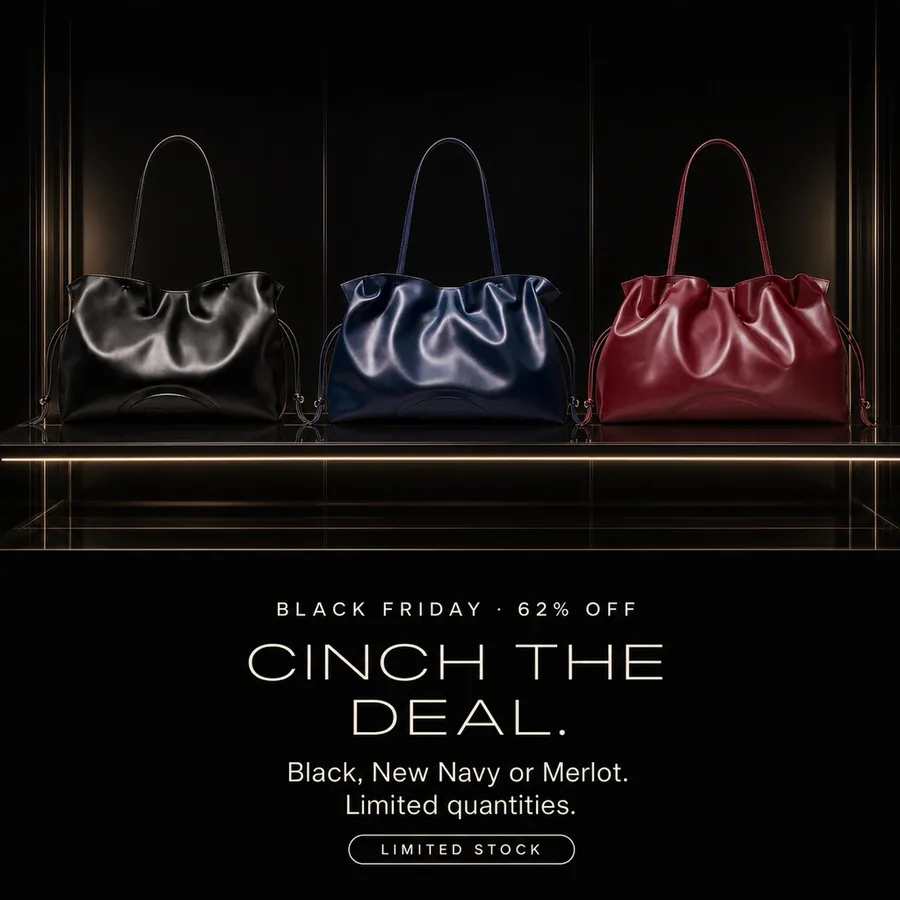 Black Friday, 62% off: cinch the deal. The Ella Drawstring Tote in Black, New Navy or Merlot. Limited stock.