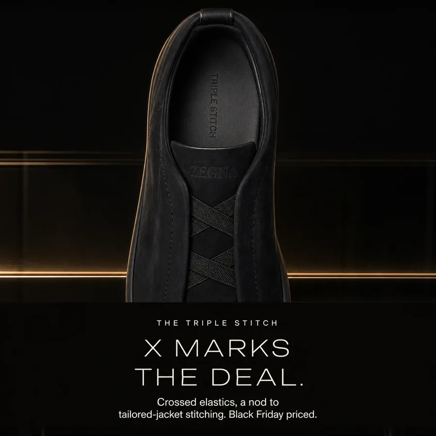 X marks the deal: crossed elastics, a nod to the hand-stitching of tailored jackets. Black Friday priced.