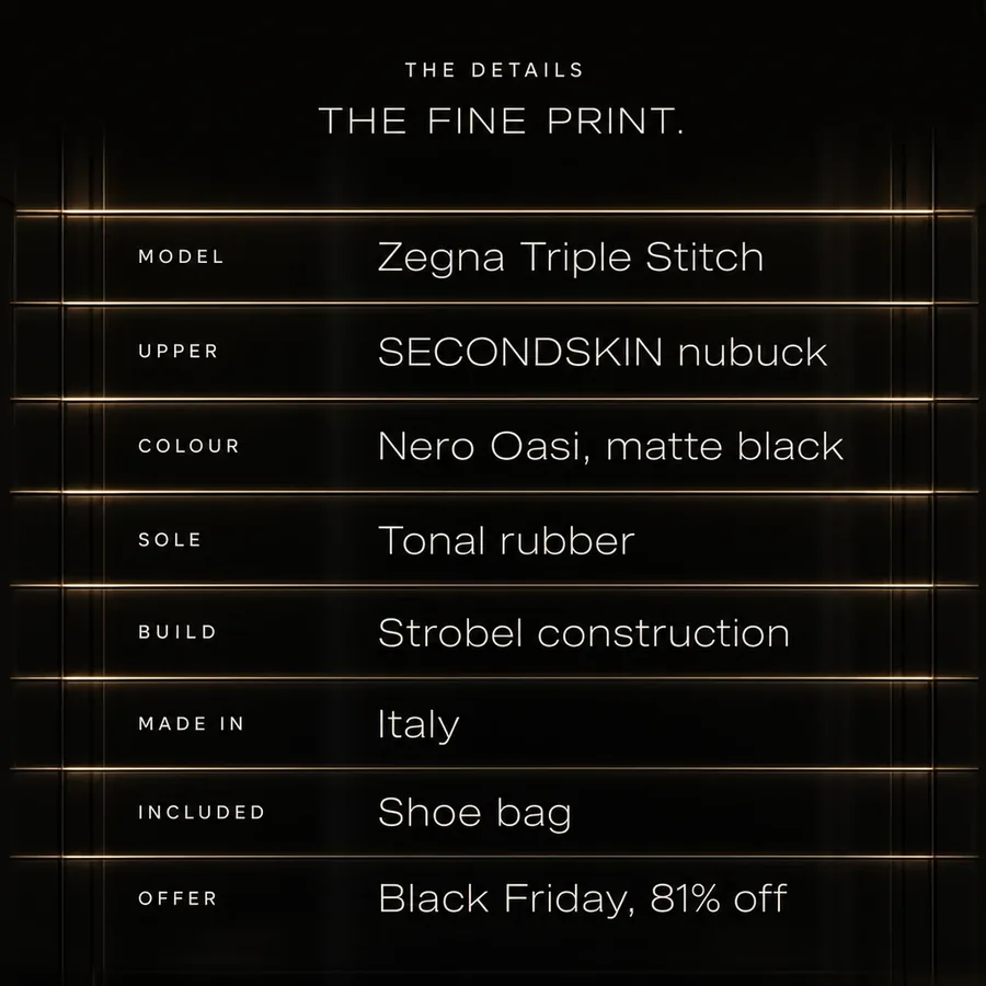 The fine print: Zegna Triple Stitch SECONDSKIN, matte black nubuck, tonal rubber sole, made in Italy. Black Friday, 81% off.